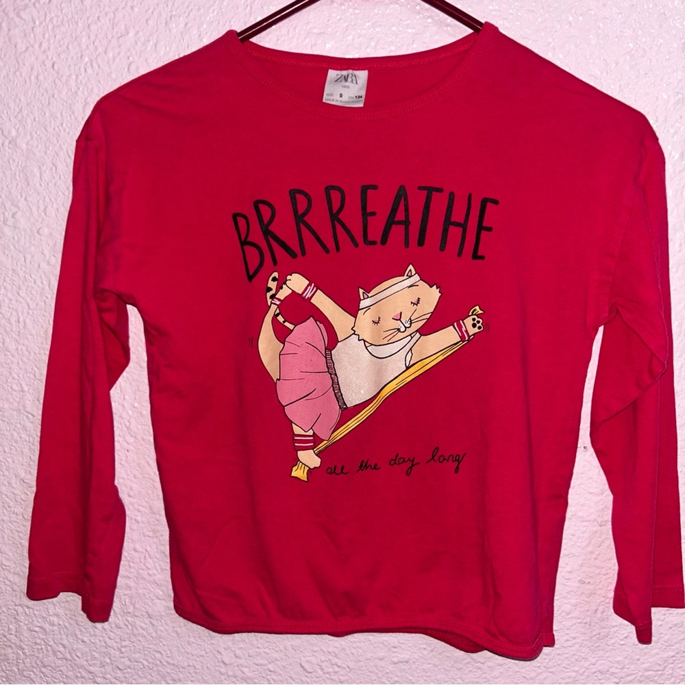 Zara Kids 9 Pink Cat Yoga Long Sleeve Tee